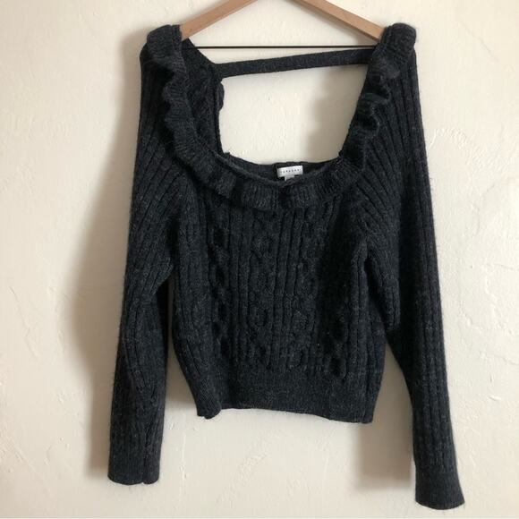 Topshop Cable Knit Open Back Ruffle Square Neck Long Sleeve Gray Sweater - Picture 3 of 8